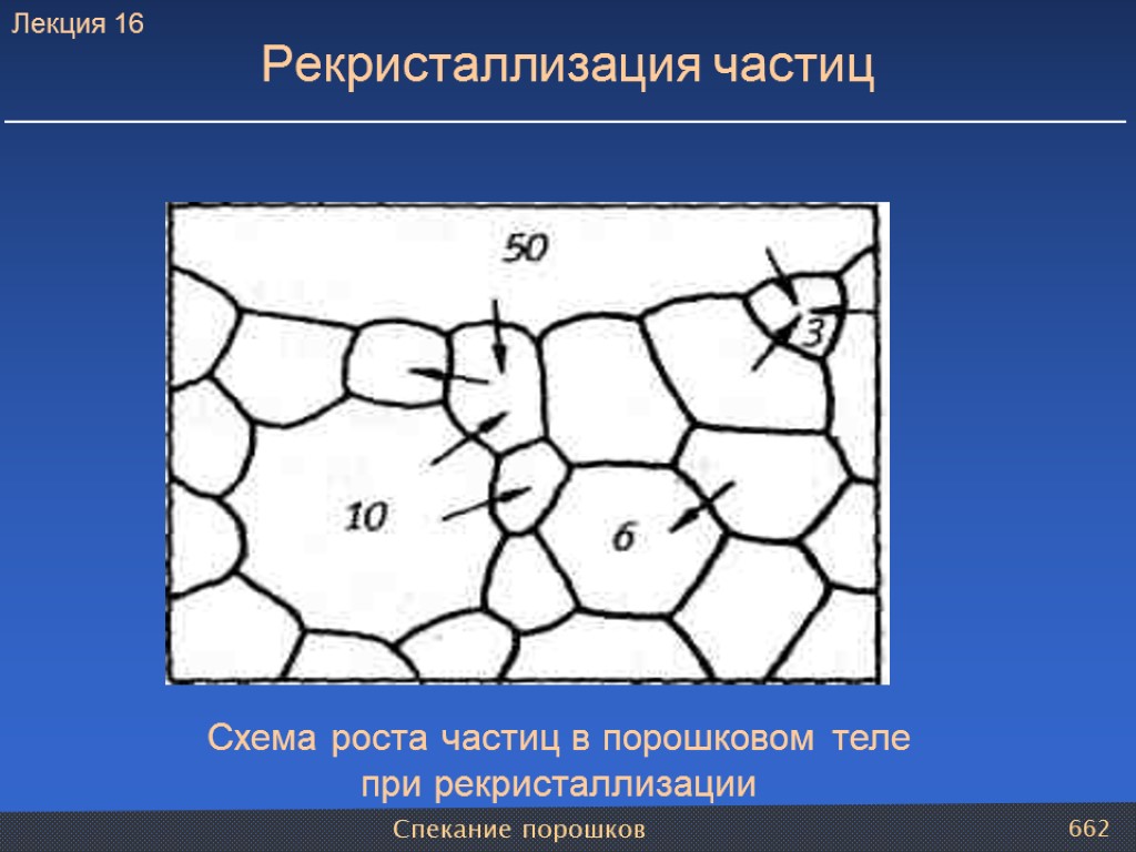 Спекание порошков 662 Рекристаллизация частиц Схема роста частиц в порошковом теле при рекристаллизации Лекция